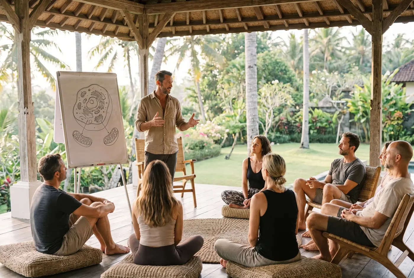 Mitochondria lecture at the longevity program in a Bali villa pavilion